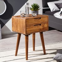 FineBuy Nachttisch Sheesham Massivholz mit 2 Schubladen - Nachtkästchen für Boxspringbett - Nachtkonsole Retro Design - Nachtkommode 47x66x36 cm | Farbe: Braun